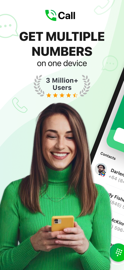 Call Second Phone Number, Text - Una mujer sonriente sosteniendo un smartphone con texto promocionando múltiples números de teléfono en un dispositivo para la aplicación Call.