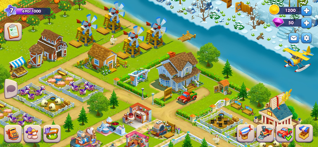 Top-down view of a vibrant virtual farm with animal pens, windmills, and a seaplane near a river.