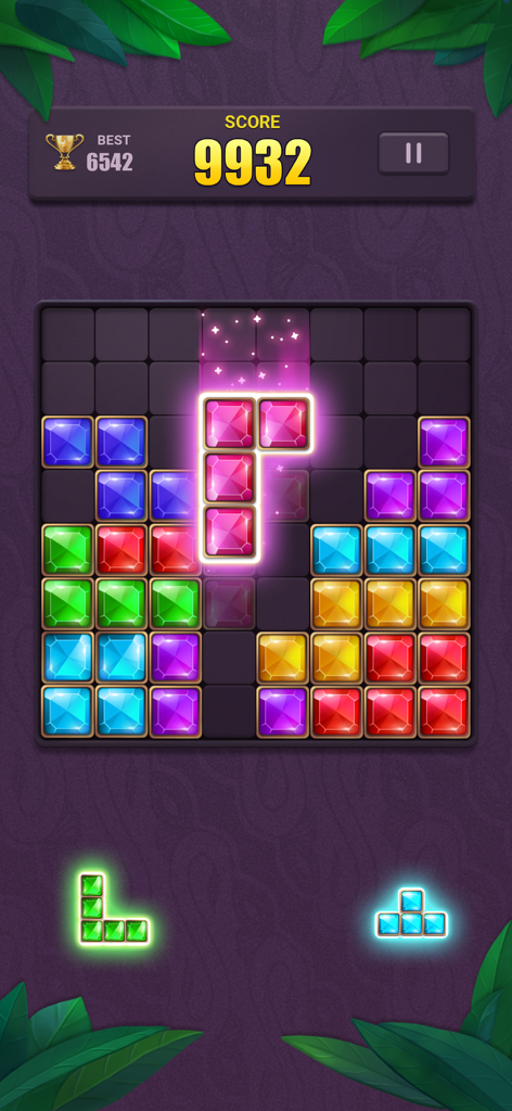 Block Puzzle: Jewel Blast - Gameplay screenshot of Block Puzzle Jewel Blast showing a grid of colorful gem blocks and a high score