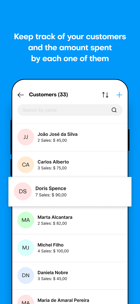 Nex: sales app for stores - Interface of the Nex app displaying a list of customers with their total sales and amount spent.