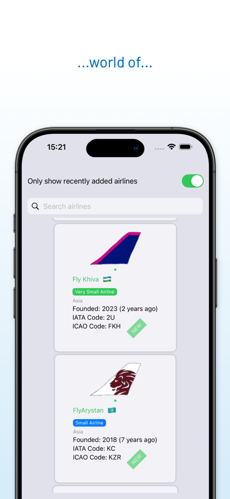 AirlineTrivia app search screen showing airline logos and technical codes