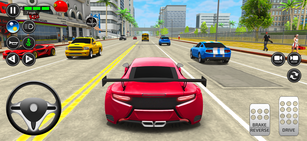 Driving Academy: Car Games - Un coche deportivo rojo circulando por una calle soleada de la ciudad con tráfico en el simulador de coches Driving Academy.