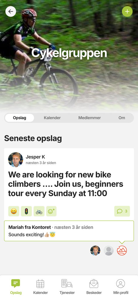 Plushusene - Interface of the Plushusene app showing a community cycling group with member posts and event information