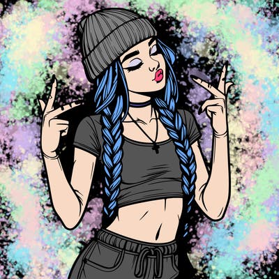 realistic teenage girl with braids and a beanie and crop top doing 🫶🏼