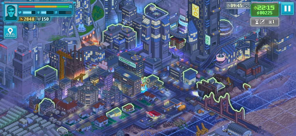 Isometric view of a neon cyberpunk city map with pixel art graphics