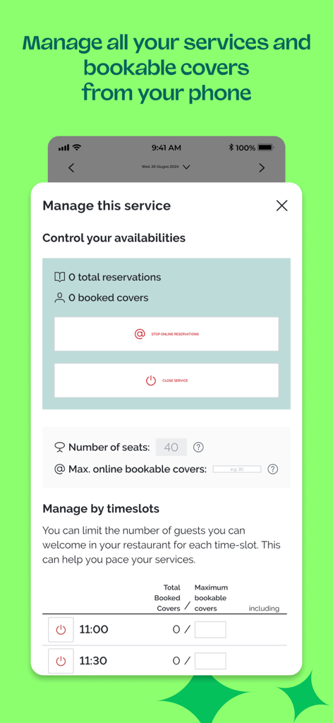 TheFork Manager - Écran de l'application mobile TheFork Manager pour contrôler la disponibilité du service du restaurant et les tables réservées par créneau horaire.