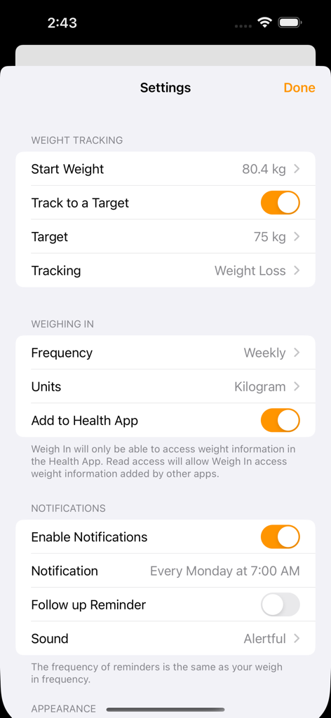 Weigh In: Weight Tracker - Settings menu of the Weigh In weight tracker app showing goal and notification options