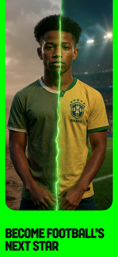 Footbao - Split screen of an aspiring soccer player transitioning into a professional athlete wearing a Brazil jersey