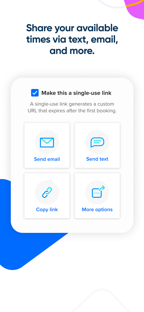 Calendly Mobile App-Oberfläche zum Teilen von Terminplanungslinks per E-Mail oder SMS