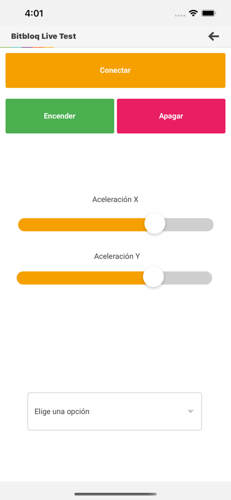 Bitbloq Pocket - Interfaz de prueba en vivo de Bitbloq Pocket que muestra botones de control y controles deslizantes de aceleración