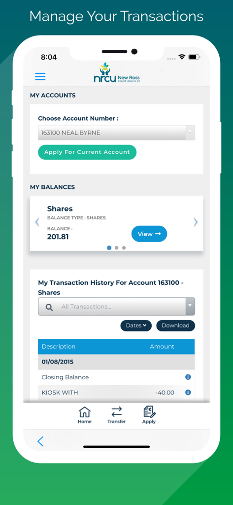 New Ross Credit Union - Interface of New Ross Credit Union app displaying account balances and transaction history