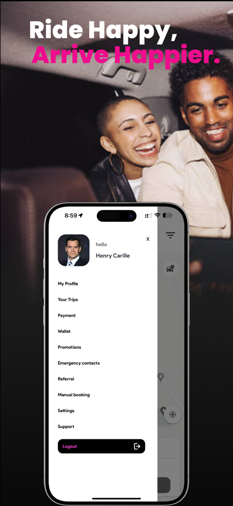 iCar Rider - Menu latéral de l'application mobile iCar Rider affichant le profil de l'utilisateur et les options de voyage comme les trajets et les paiements.