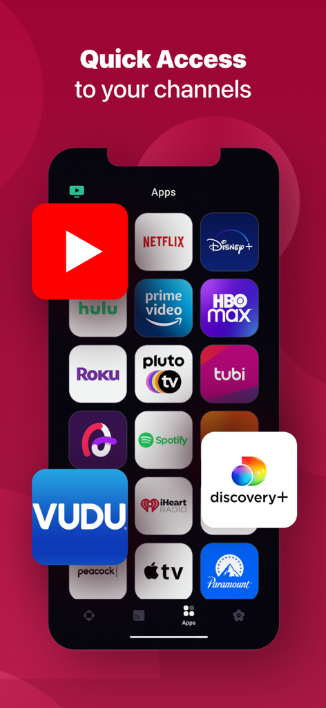 Smart TV Remote for ThinG TV - Netflix、Disney、YouTubeなどのストリーミングチャンネルショートカットの選択が表示されたスマートTVリモコンアプリのインターフェース