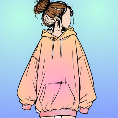 realistic girl with a oversized sweatshirt on and a bun
