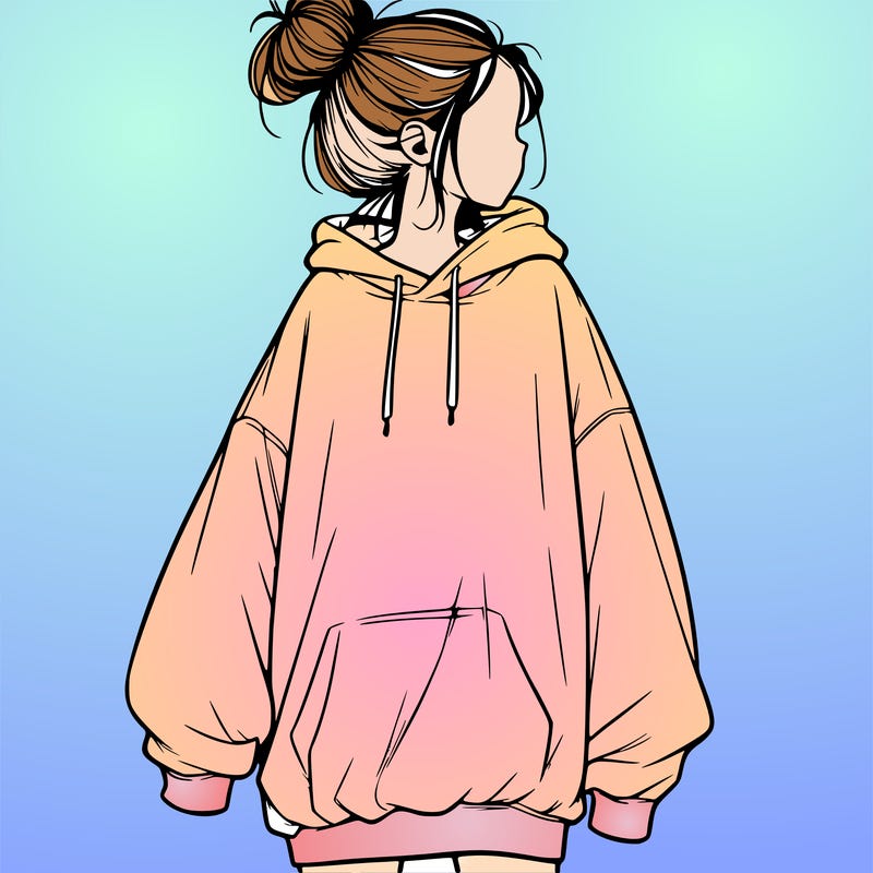 realistic girl with a oversized sweatshirt on and a bun