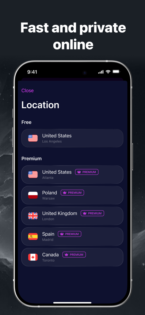 Enigma VPN – Secure & Fast - Interface de l'application Enigma VPN montrant une liste d'emplacements de serveurs mondiaux, y compris des options gratuites et premium pour des connexions sécurisées