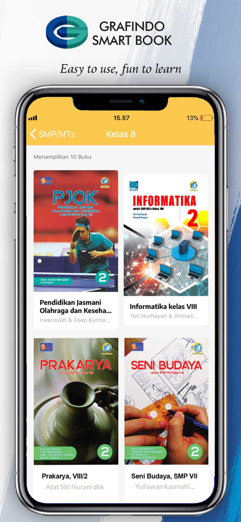 Grafindo Smart Book - Interfaz de la aplicación Grafindo Smart Book que muestra libros de texto digitales para estudiantes indonesios de octavo grado