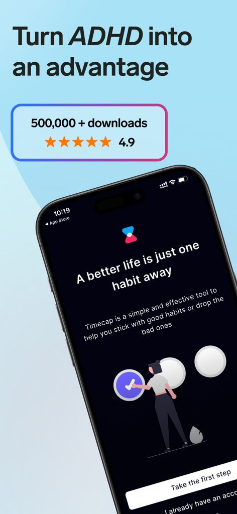 Focus ADHD organizer app screen showing a high rating and a habit tracking interface