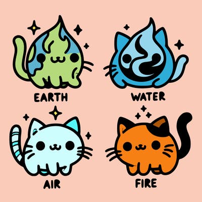 4 cats that represent the different elements, earth, water, air, and fire