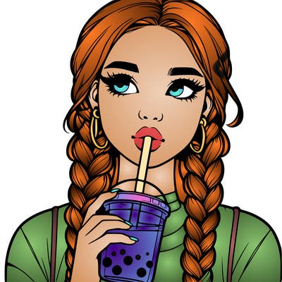 realistic girl with braided hair drinking boba