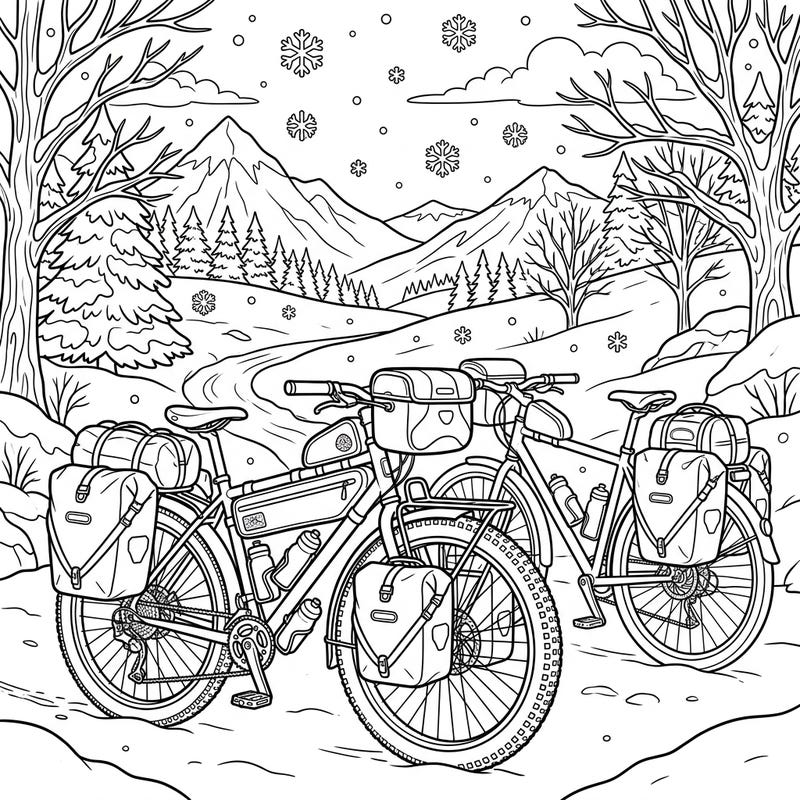 Get ready for an epic journey with this coloring page featuring robust touring bikes amidst a serene winter landscape. This scene invites you to imagine cold-weather cycling adventures and the peaceful beauty of snowy trails.