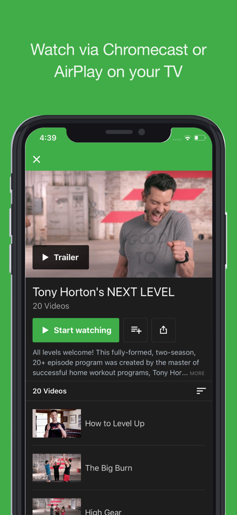 Gaiam TV Fit and Yoga app interface showing Tony Horton NEXT LEVEL workout series with TV streaming options