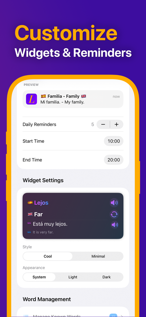 Lingo: Daily Language Learning - Interface para personalizar widgets de aprendizagem de idiomas e lembretes diários com opções de modo claro e escuro.