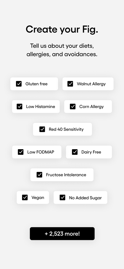 Interface of the Fig app showing a variety of dietary restriction and food allergy selection buttons like Gluten Free and Vegan