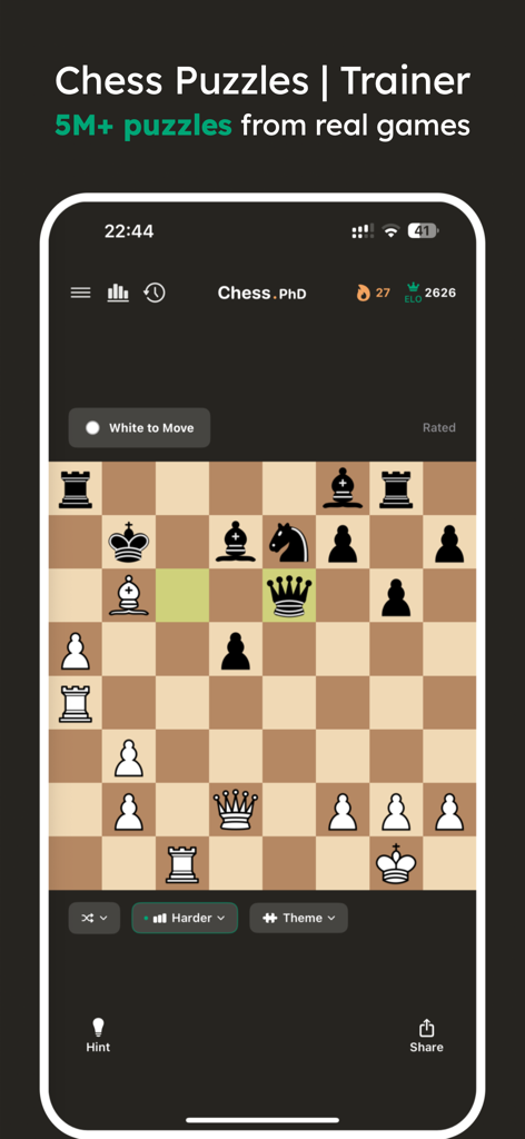 Chess Puzzles: Tactics Trainer - Mobile app interface of Chess Puzzles Tactics Trainer showing a high level chess puzzle with rating and streak features