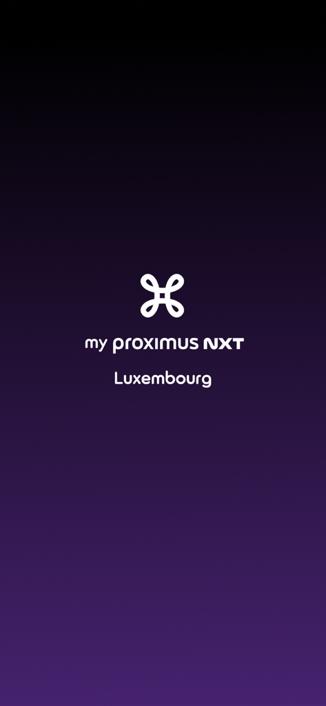 My Proximus NXT - Splash screen of the My Proximus NXT app for Luxembourg customers featuring the company logo on a purple gradient background