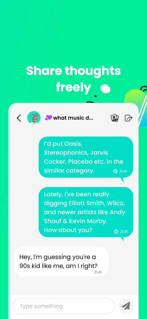 Captura de tela de uma conversa de chat baseada em texto sobre música no app Heymandi.
