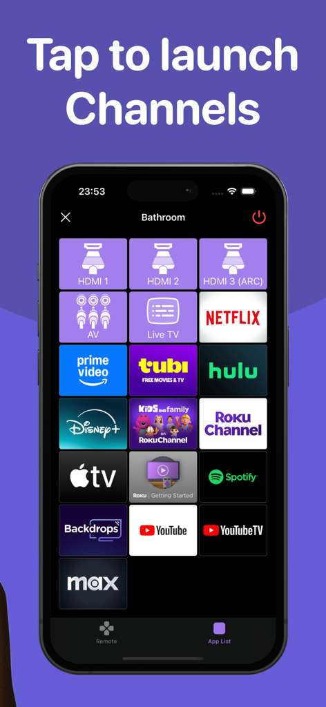 La interfaz de la aplicación Roku Remote muestra una cuadrícula de canales de streaming y entradas de TV