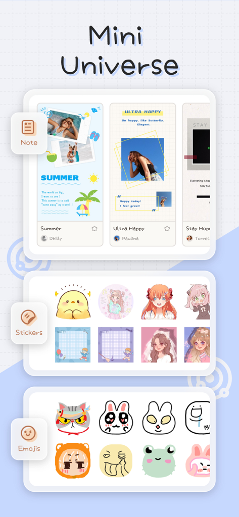 Mininote - Cute note and diary - Aesthetic diary app interface displaying personalized notes cute stickers and hand drawn emojis