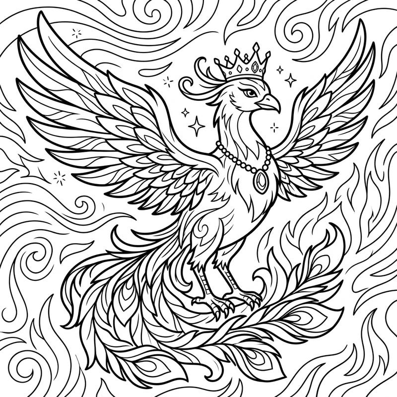 Soar into a world of fantasy with our incredible Royal Phoenix coloring page! This regal bird, adorned with a crown and jewels, awaits your creative touch to burst into a blaze of brilliant colors.