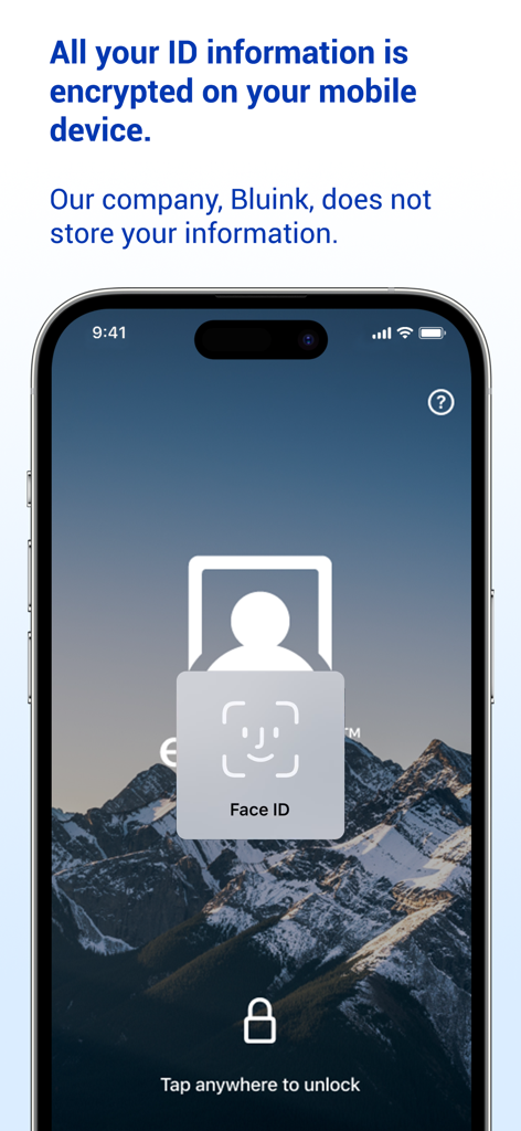 Bluink eID-Me Digital ID - スマートフォンにBluink eID-Meアプリが表示され、Face IDによるロック解除と暗号化されたデータプライバシーに関するメッセージが表示されています。
