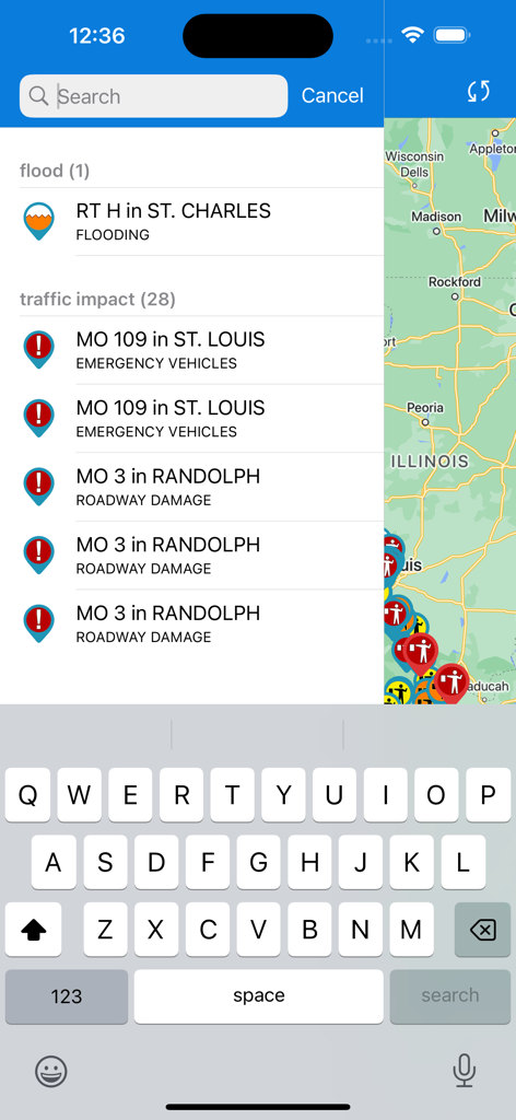 MoDOT Traveler Information - Interfaz de la aplicación MoDOT que muestra una lista de incidentes de tráfico, alertas de inundaciones y un mapa de Missouri