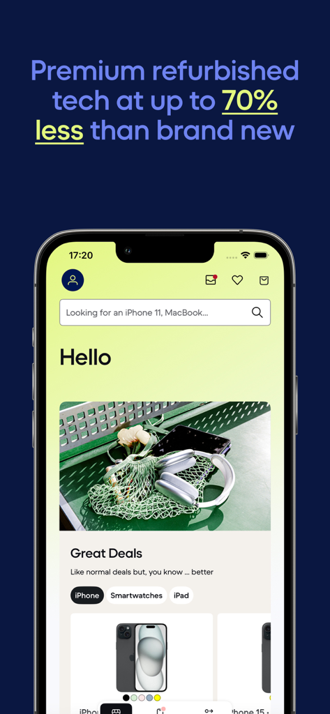 Back Market mobile app home screen showing refurbished tech deals and search bar for electronics