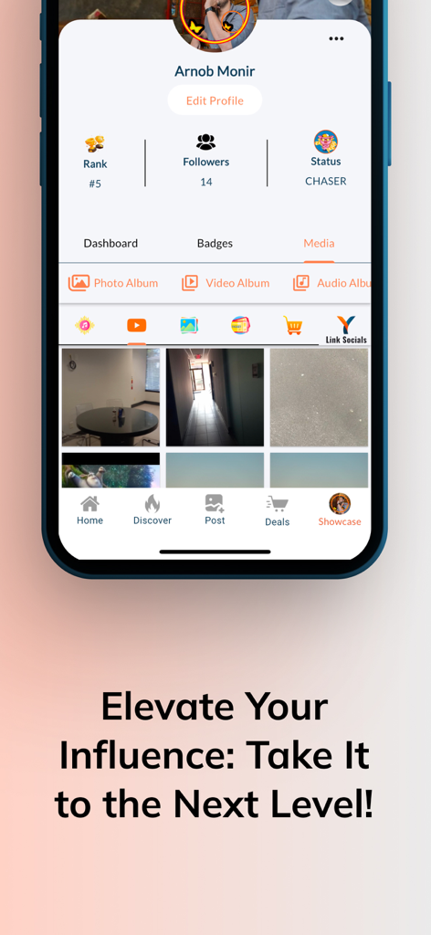 Yapit - Yapit Mobile App-Bildschirm, der ein Benutzerprofil mit Rang, Follower-Status und einer Medien-Galerie für Social-Monetarisierung anzeigt