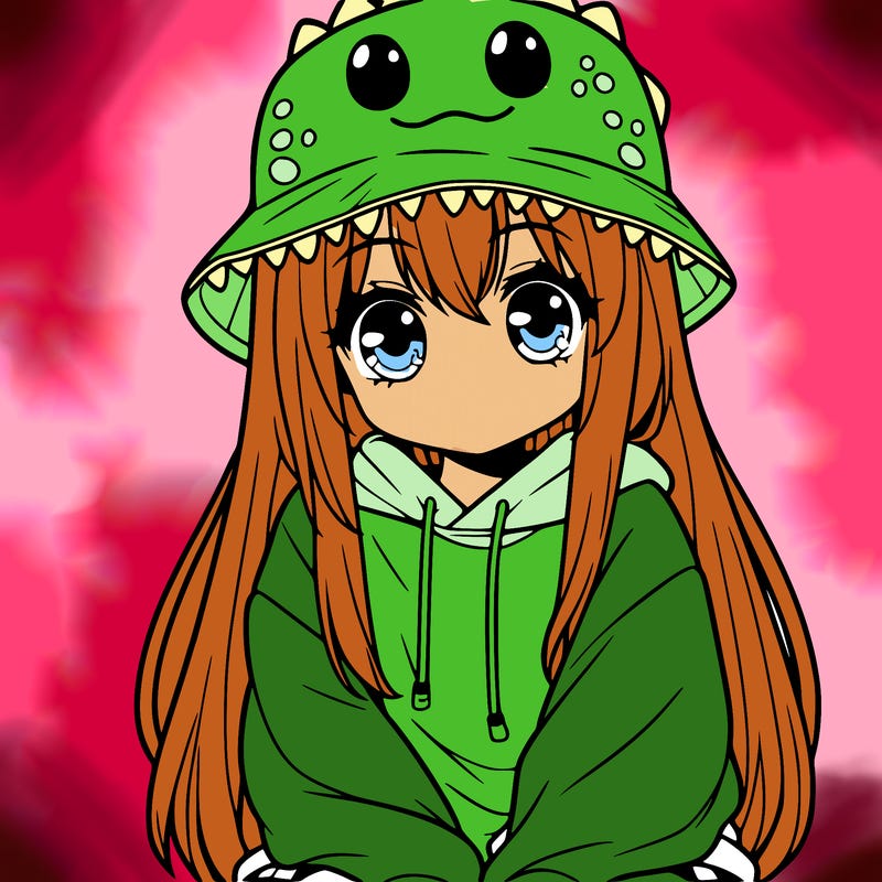 girl with anime shaped eyes with a dinosaur bucket hat oversized sweatshirt long straight hair