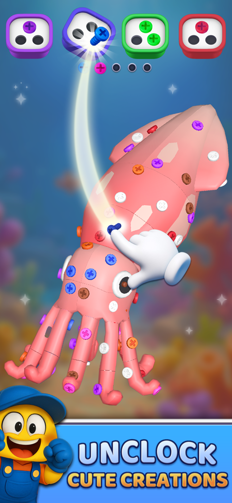 Screw Out Factory: Puzzle 3D - Un calamaro rosa 3D coperto di viti colorate, risolto in un livello di gioco puzzle