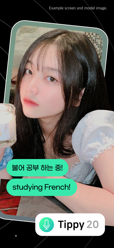 Kmate - Chat with global - 한국어와 영어 간의 자동 채팅 번역을 보여주는 Kmate 앱의 사용자 프로필