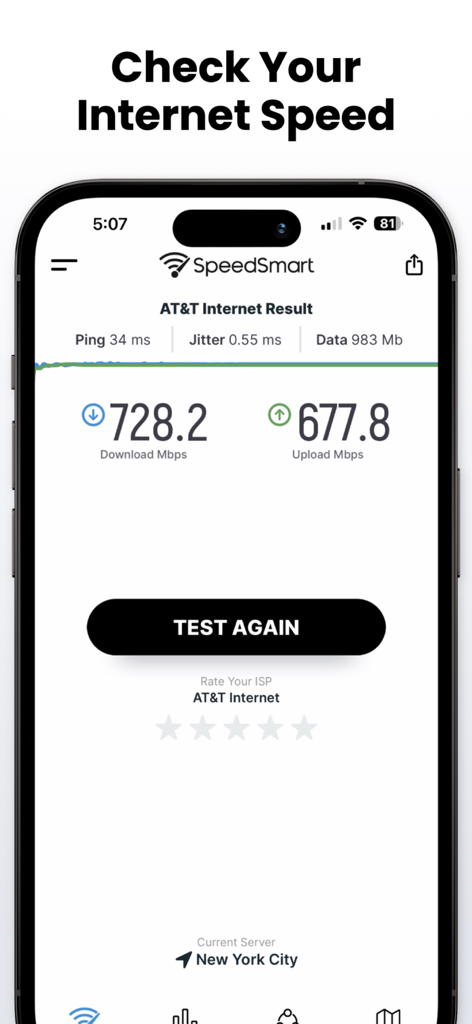 Interfaccia dell'app SpeedSmart che mostra i risultati del test di velocità di download e upload di Internet su uno smartphone