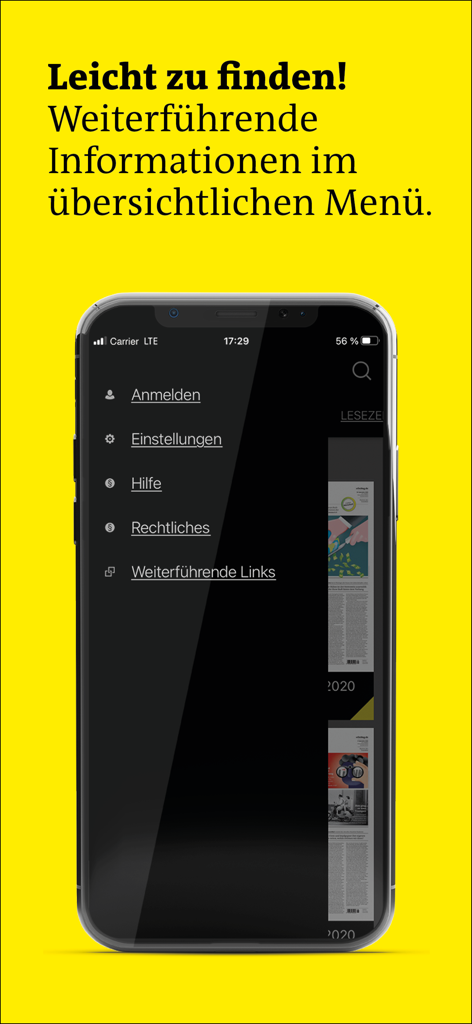 der Freitag EPaper - Smartphone-Bildschirm zeigt das Navigationsmenü der der Freitag EPaper App mit Optionen für Einstellungen und Hilfe.