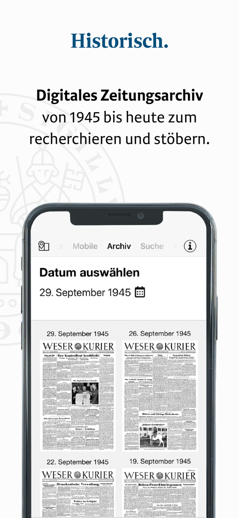 WESER-KURIER E-Paper - Interface d'archive historique de l'application Weser-Kurier montrant les éditions de journaux de septembre 1945