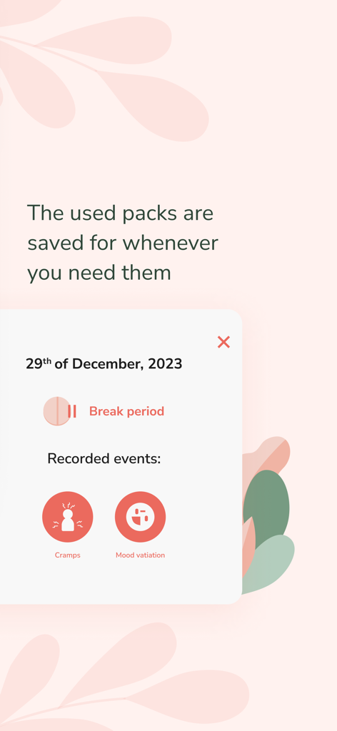 Pill Time : Birth Control - Uma tela do aplicativo Pill Time exibindo um registro de histórico com sintomas registrados como cólicas e variações de humor durante um período de pausa