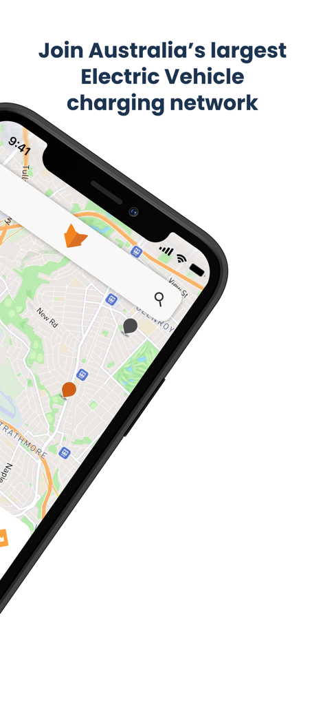 Chargefox: EV Charging Network - Una pantalla de smartphone que muestra el mapa de la app Chargefox con varios pines de estaciones de recarga para VE.