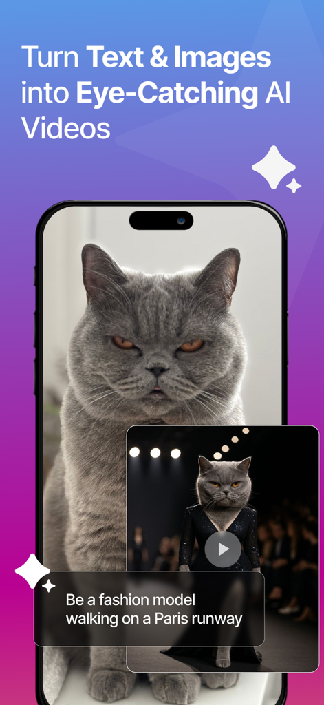 Livensa - AI Picture to Video - Livensa AI app interface showing a cat transformed into a fashion model walking on a runway using a text prompt
