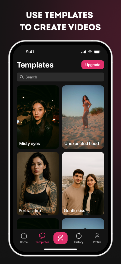 Yammi-App-Oberfläche, die verschiedene KI-Video-Vorlagen wie Misty Eyes und Portrait Fire für Social-Media-Inhalte zeigt