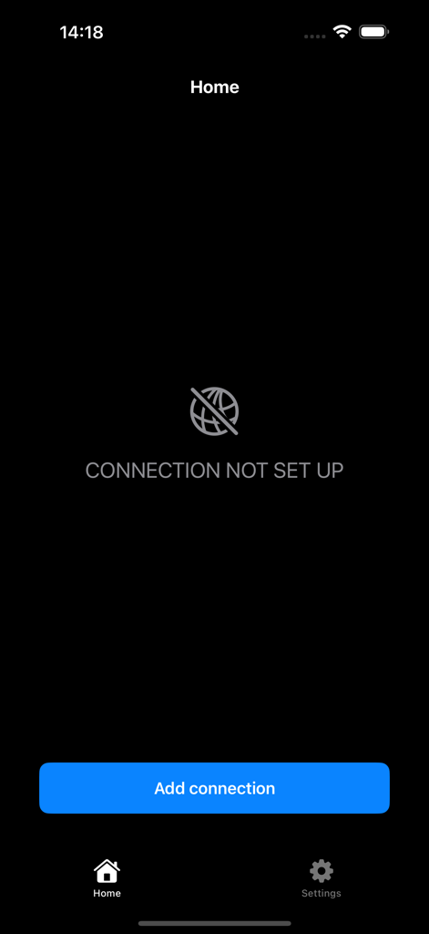 iProxy - Sys admin tools - A tela inicial do aplicativo iProxy mostrando uma mensagem de conexão não configurada e um botão azul para adicionar uma conexão