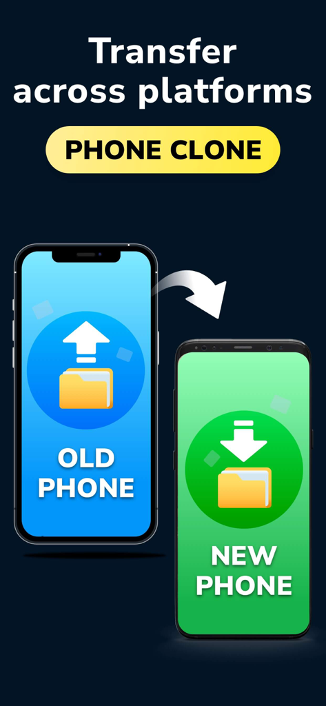 Graphic showing data transfer between an old phone and a new phone with phone clone text